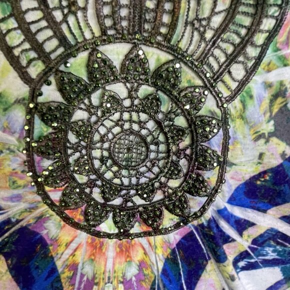 Apt 9 Blouse Size L Tie-Dye Green Blue Crochet Overlay Rhinestones V-Neck Y2K - Picture 5 of 12